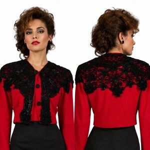 Vintage Catch-Me Ltd Red Cropped Bolero Jacket Black Lace Sequin Made in USA